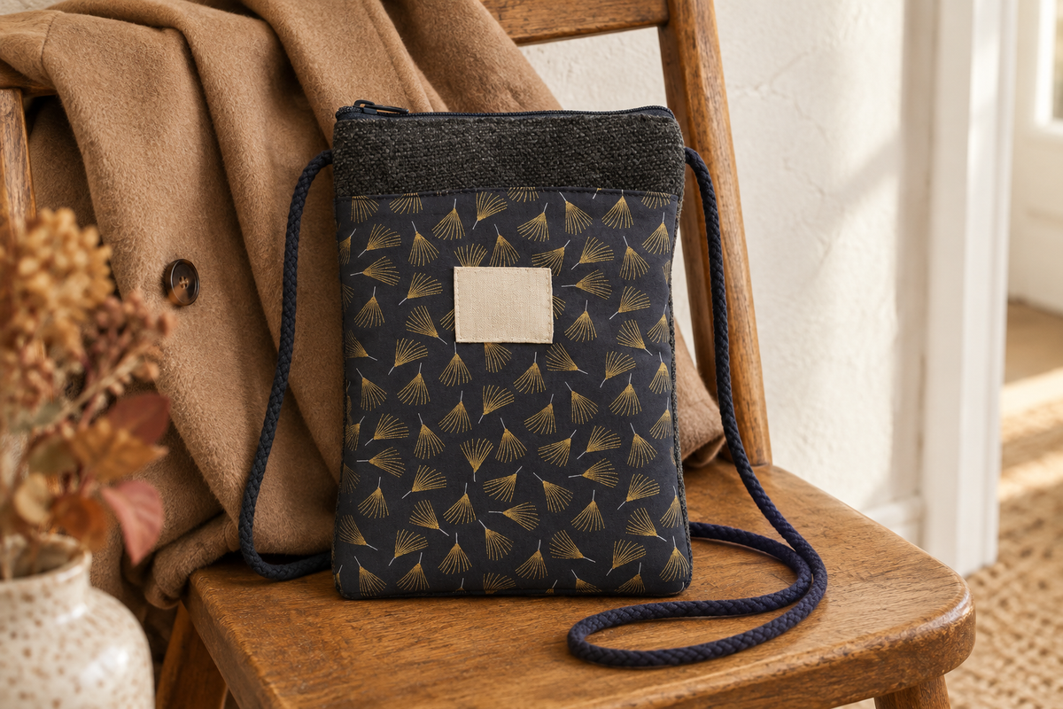 Portamóvil Ginkgo de hojas doradas sobre azul oscuro junto a una chaqueta de otoño.