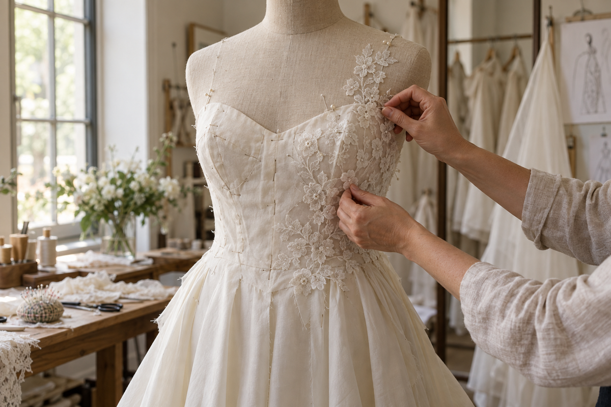 Vestido de novia en proceso de confección sobre un maniquí, con encaje y costuras de prueba.