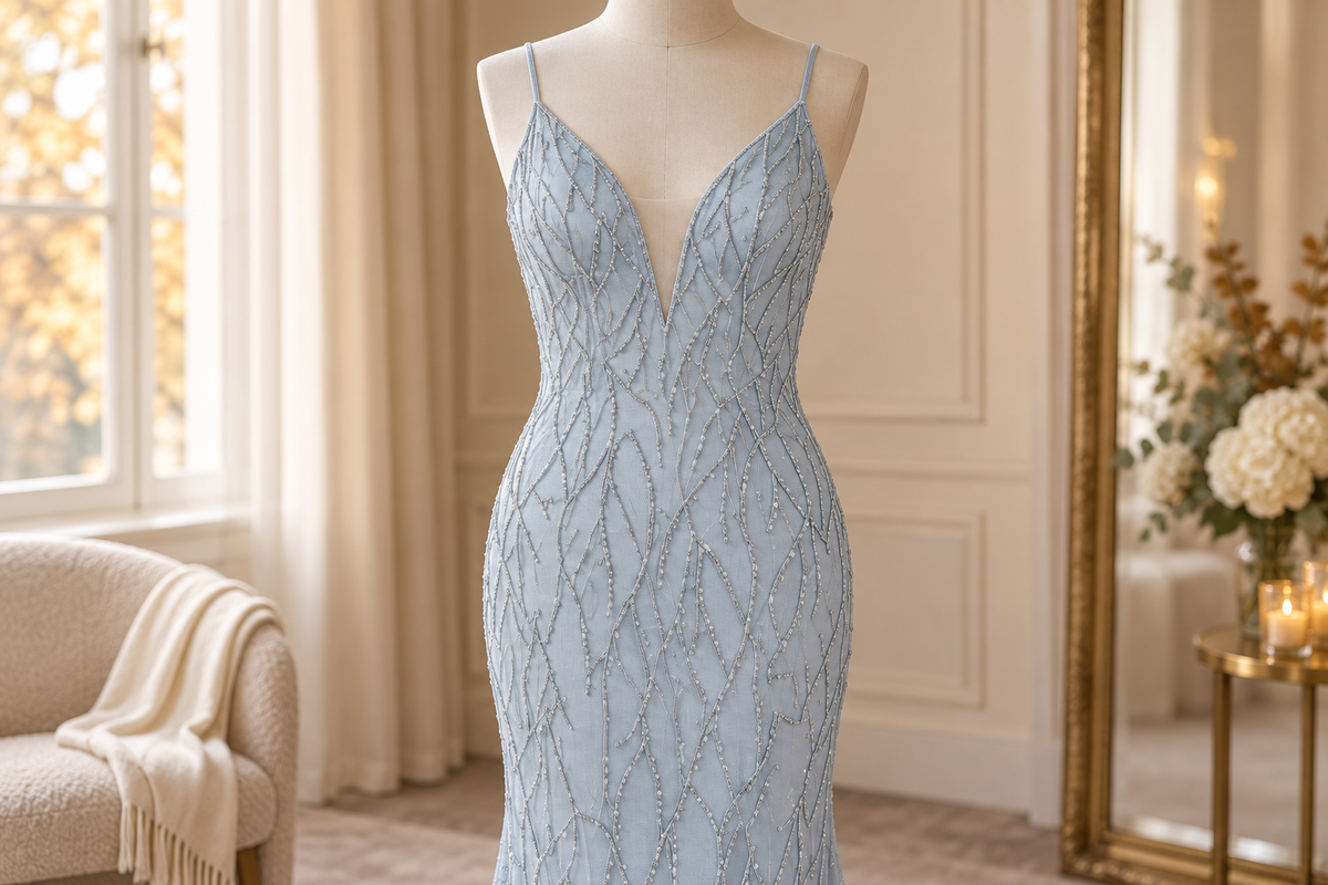 Detalle del vestido Eternidad Azul, con escote en V, tirantes finos y pedrería, presentado sobre un maniquí.