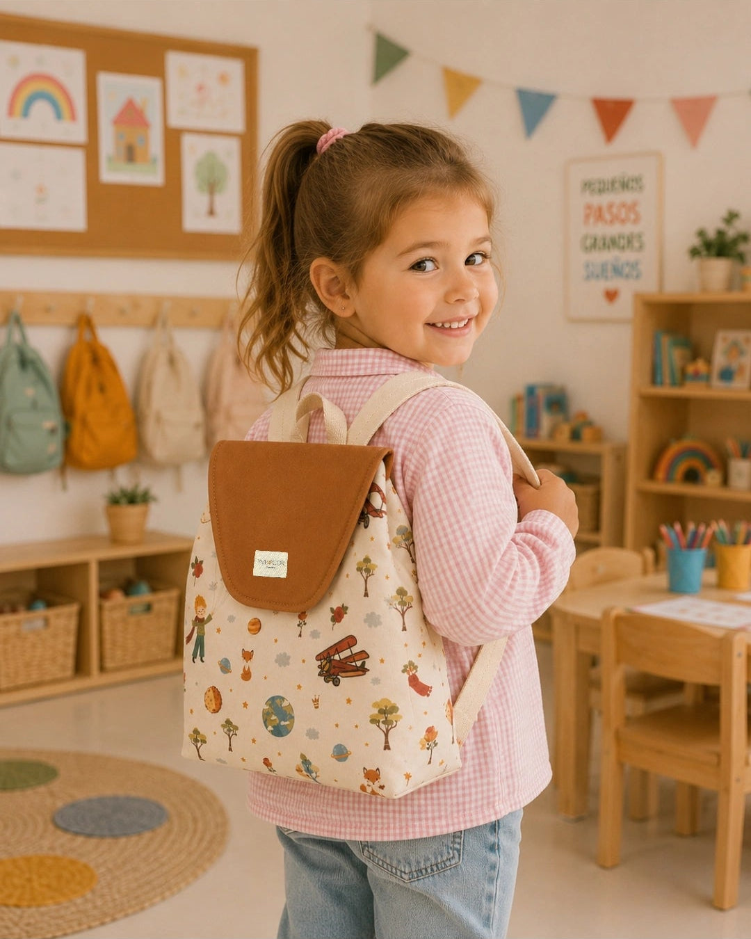 Niña con mochila El Principito en guardería