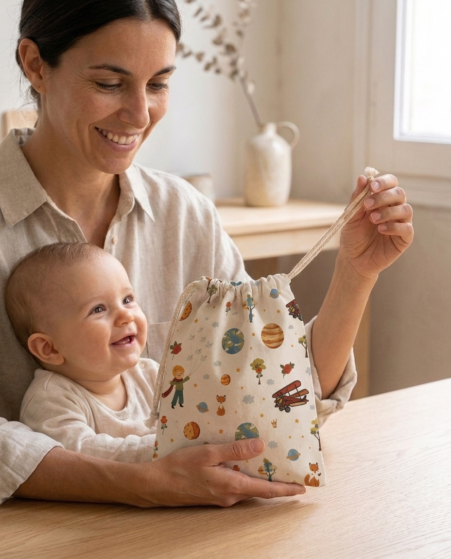 Madre con bebé sosteniendo la bolsa de muda El Principito
