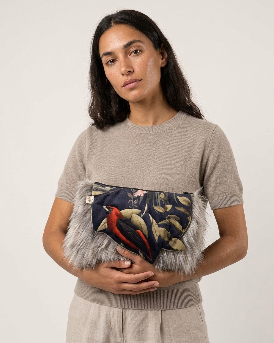 Bossa de mà Clutch 3D Relleu Loro Tropical Pèl Gris Yvicor Collection