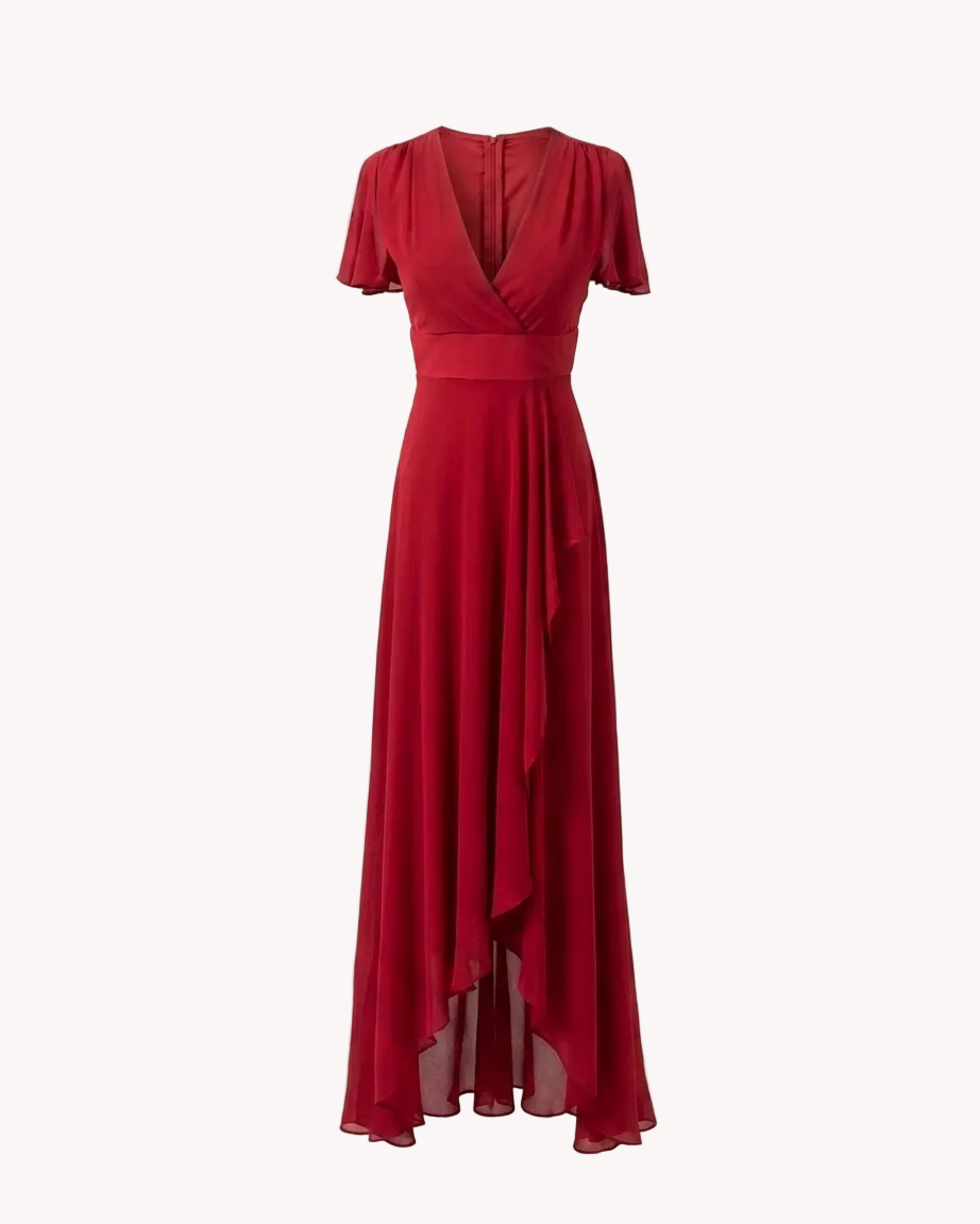 Vestido Largo Rojo Teja con Volantes