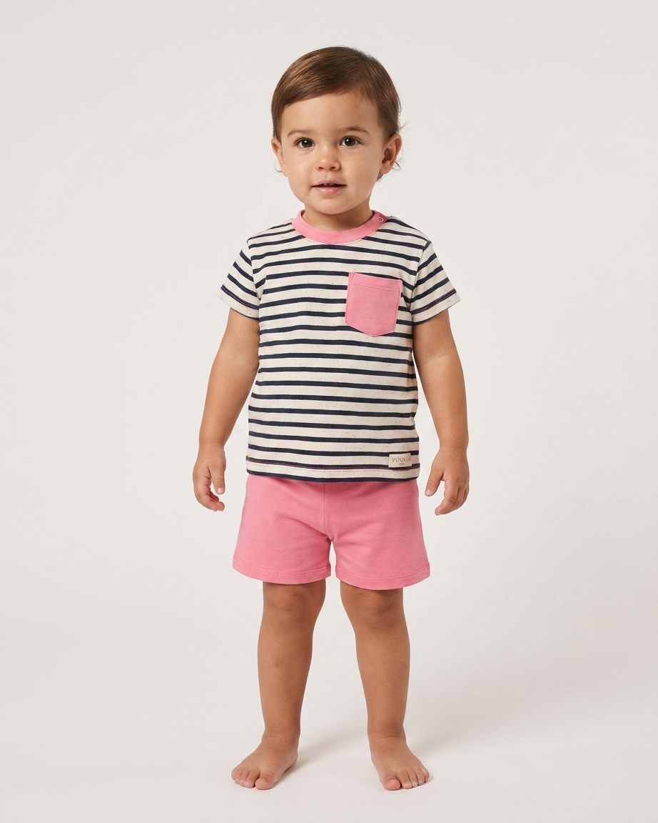 Conjunto de bebé marinero en rayas azul marino con short rosa coral, de Yvicor Atelier de Costura (vista 2).