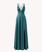 Petrol Blue Satin Long Dress – Corset Back