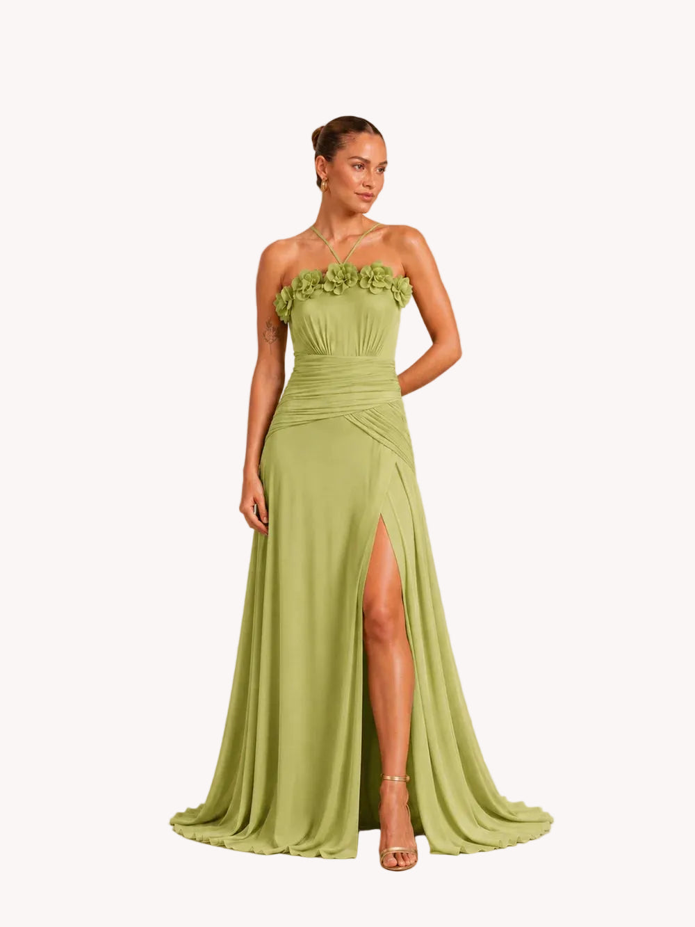 Vestido largo con flores en el pecho y falda de gasa Verde Manzana