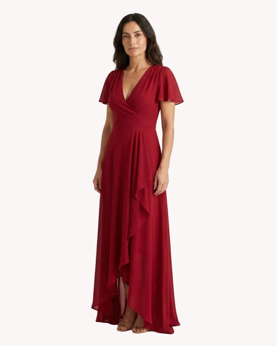 Vestido Largo Rojo Teja con Volantes