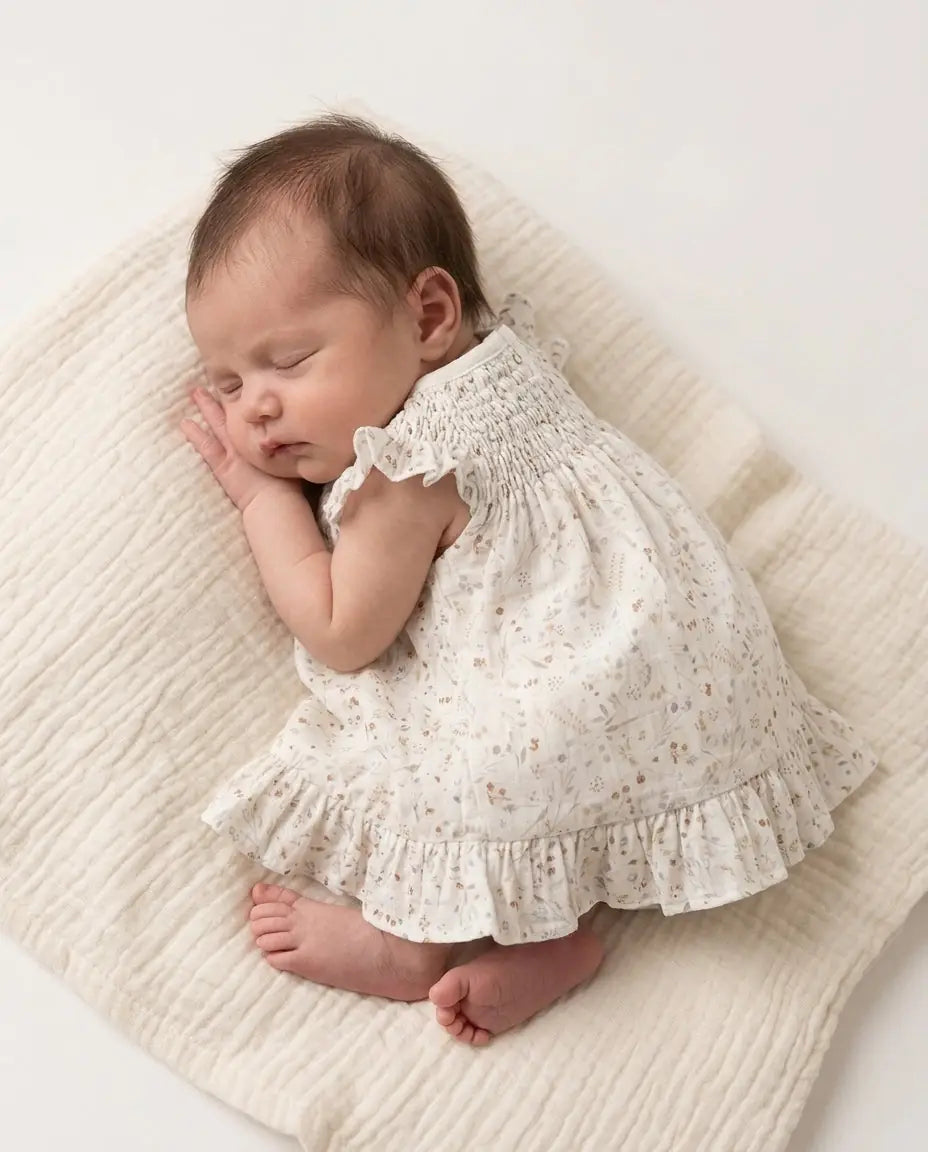 Conjunto de bebé con vestido de alas de ángel y bombacha con estampado botánico acuarela, de Yvicor Atelier de Costura (vista 7).