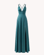 Vestido Largo de Satén Azul Petróleo – Espalda Corset