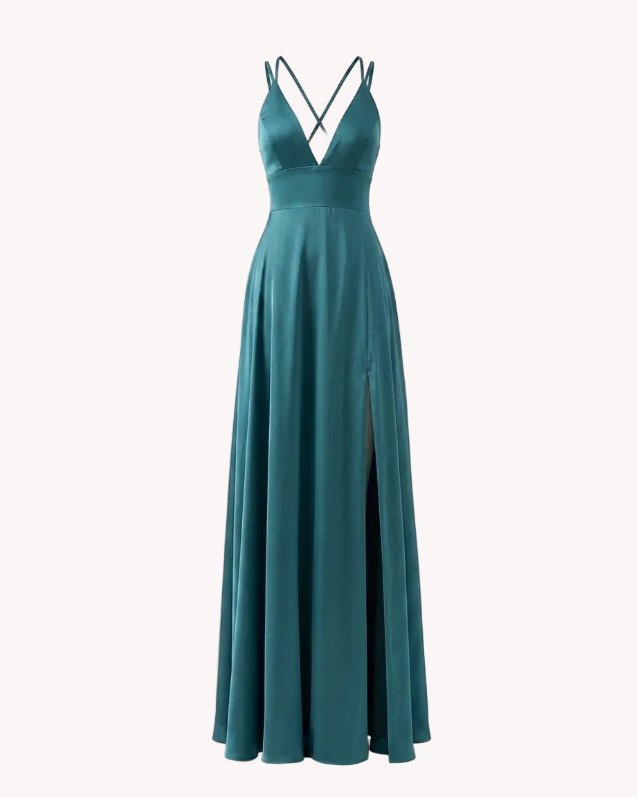 Vestido Largo de Satén Azul Petróleo – Espalda Corset