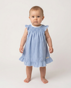 Conjunto Bebé Vestido alas de angel y Bombacha pata de gallo azul