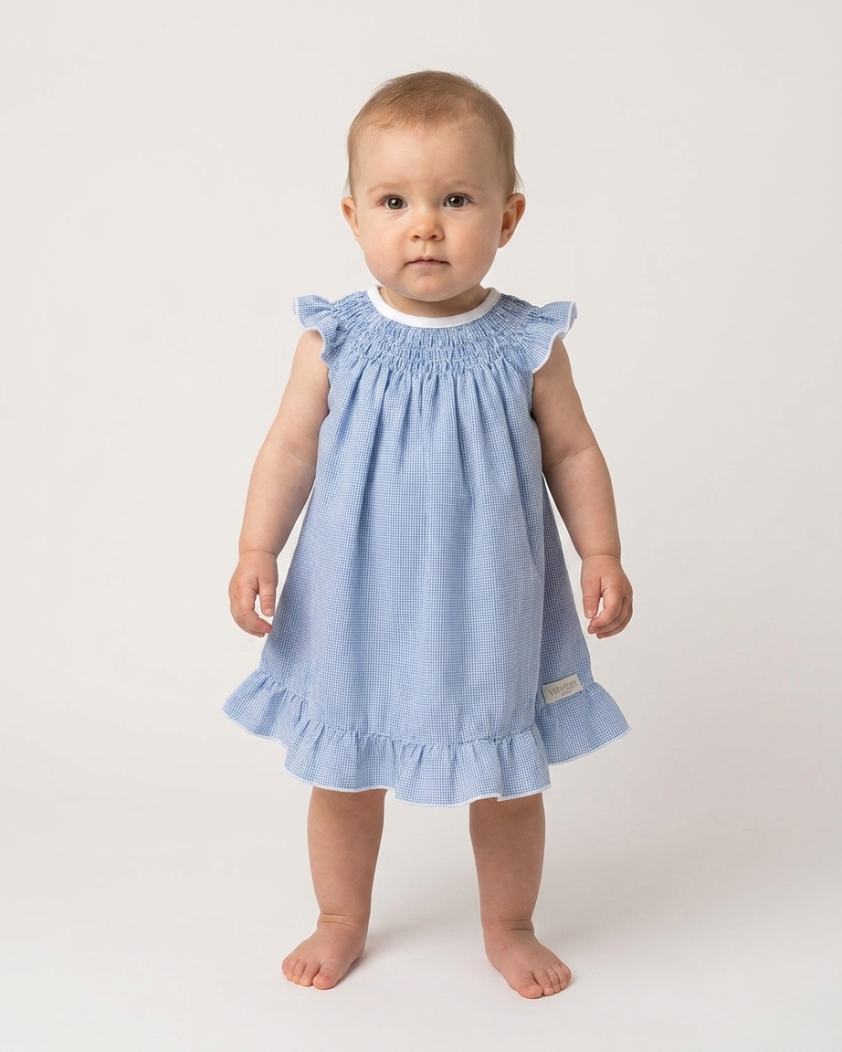 Conjunto Bebé Vestido alas de angel y Bombacha pata de gallo azul
