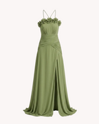 Vestido largo con flores en el pecho y falda de gasa  Verde Kaki