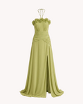 Vestido largo con flores en el pecho y falda de gasa Verde Manzana