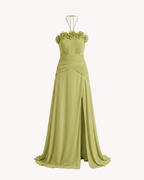 Vestido largo con flores en el pecho y falda de gasa Verde Manzana