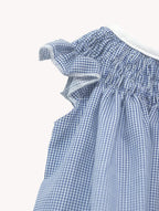 Conjunto de bebé con vestido alas de ángel y bombacha pata de gallo azul, de Yvicor Atelier de Costura, ropa infantil adorable.