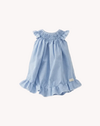 Conjunto Bebé Vestido alas de angel y Bombacha pata de gallo azul