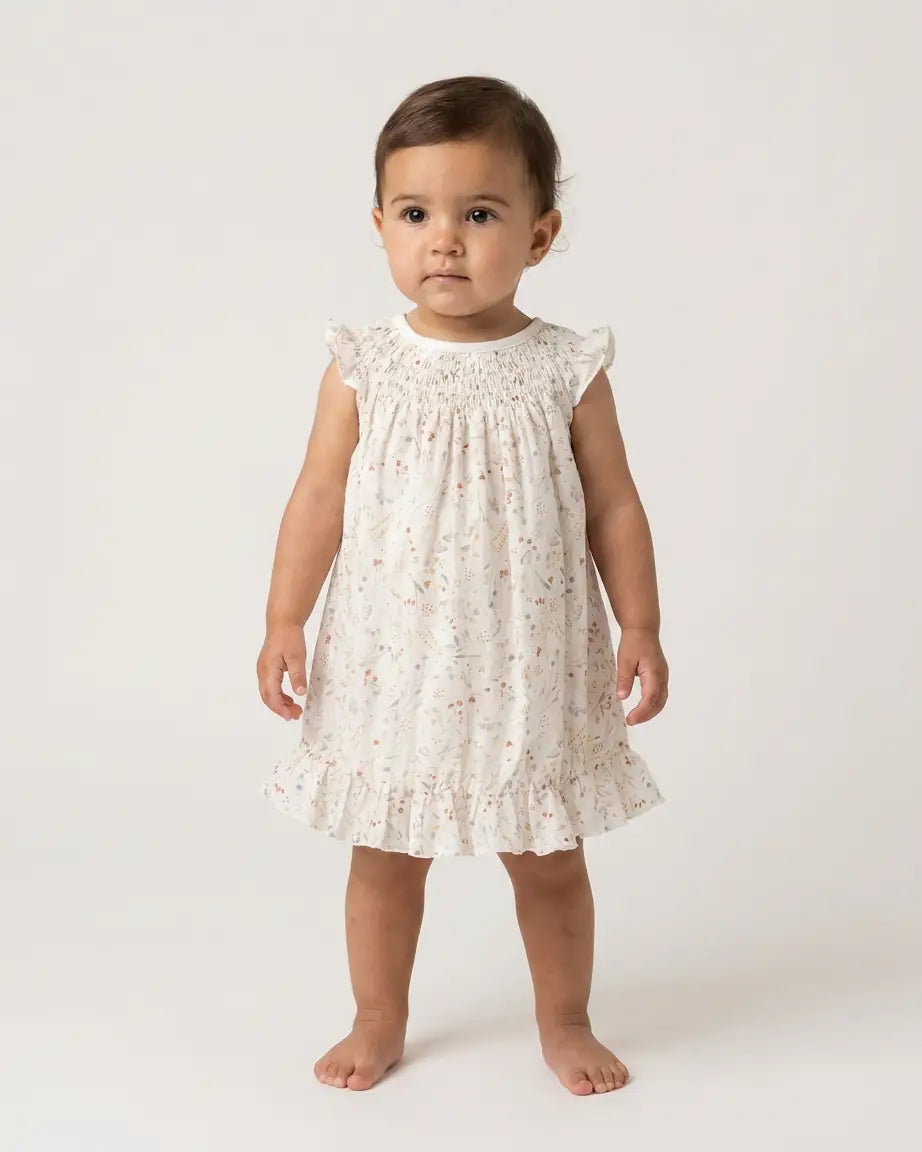 Conjunto de bebé con vestido de alas de ángel y bombacha con estampado botánico acuarela, en tonos suaves, de Yvicor Atelier de Costura.