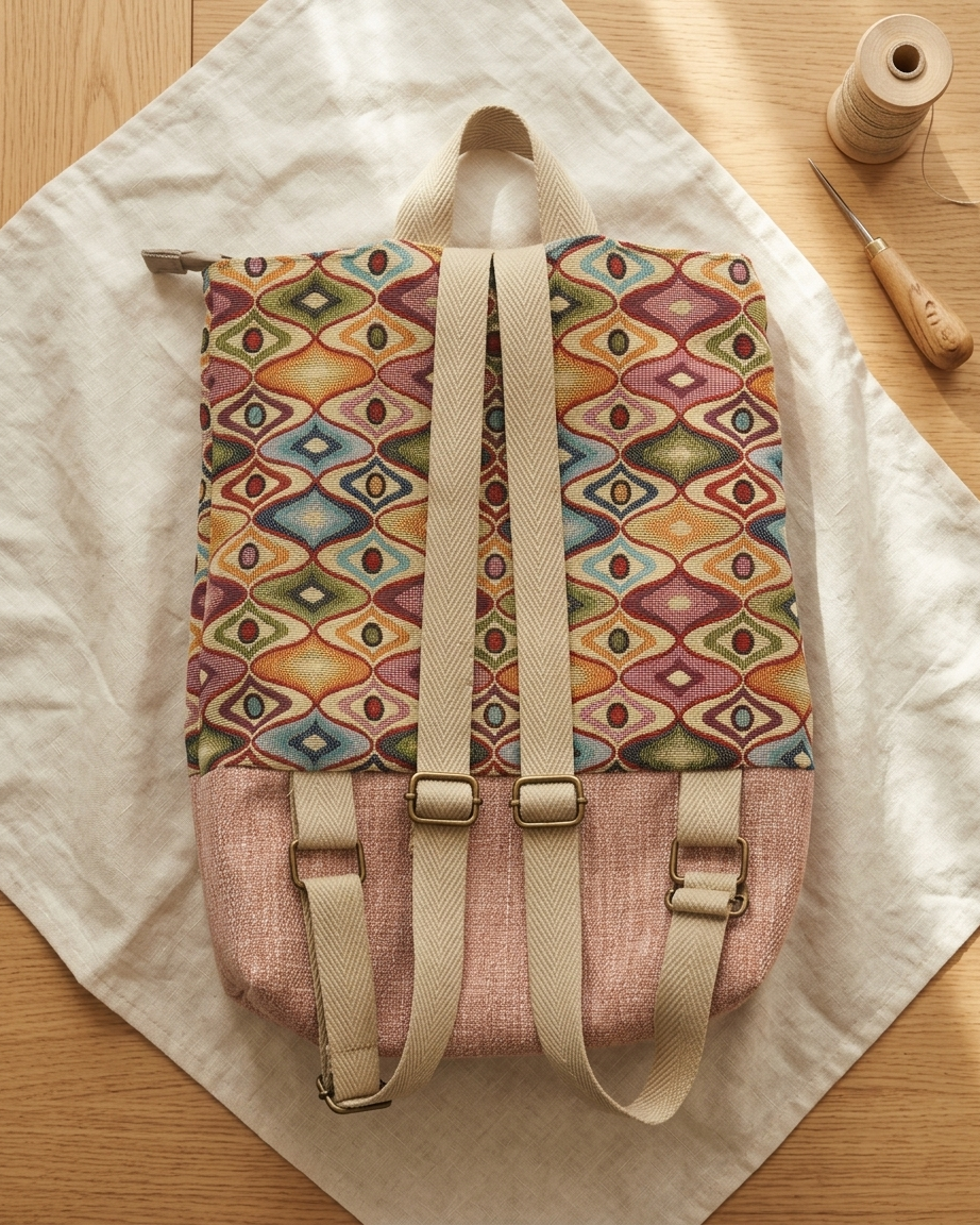 Mochila Camil artesanal con tejido tapiz geométrico multicolor y base de lino rosa, de Yvicor Atelier de Costura (vista 3).