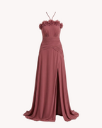 Vestido largo con flores en el pecho y falda de gasa Terracota