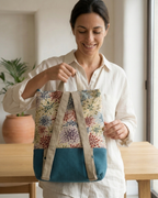 Mochila Camil artesanal con tejido tapiz de dalias multicolor y base azul petróleo, de Yvicor Atelier de Costura (vista 5).