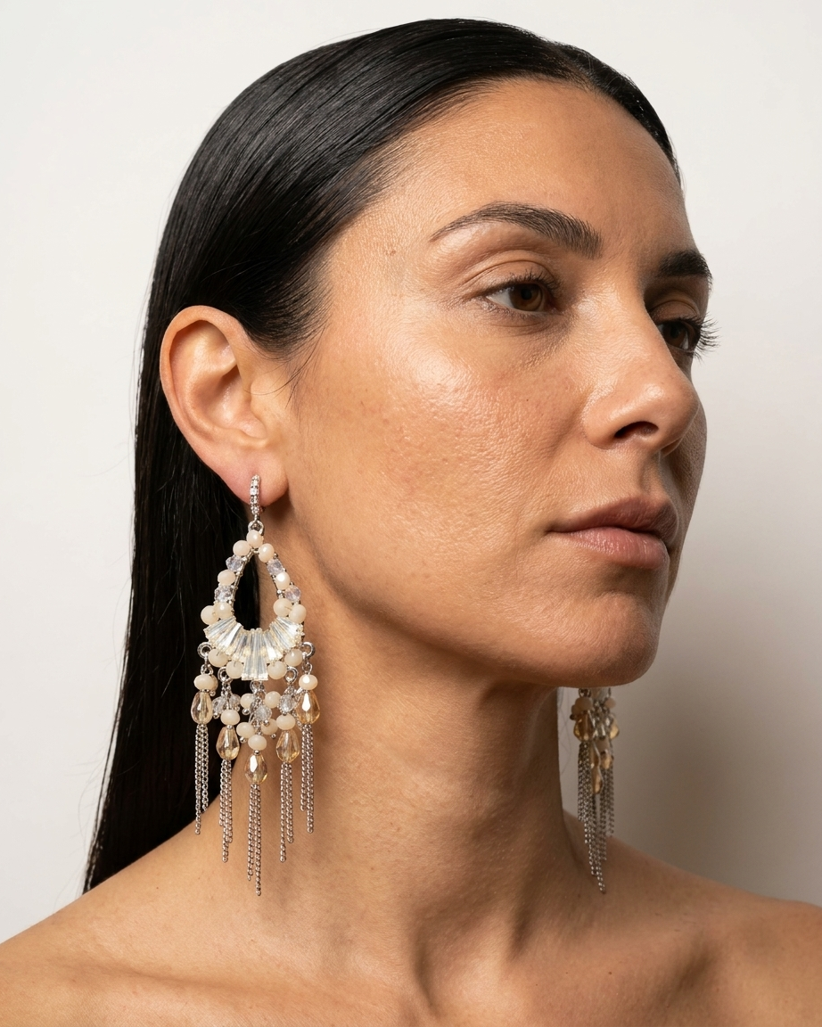Pendientes chandelier con aro gota nacarado y colgantes de ámbar y cuarzo, de Yvicor Atelier de Costura (vista 2).