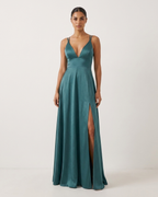Petrol Blue Satin Long Dress – Corset Back