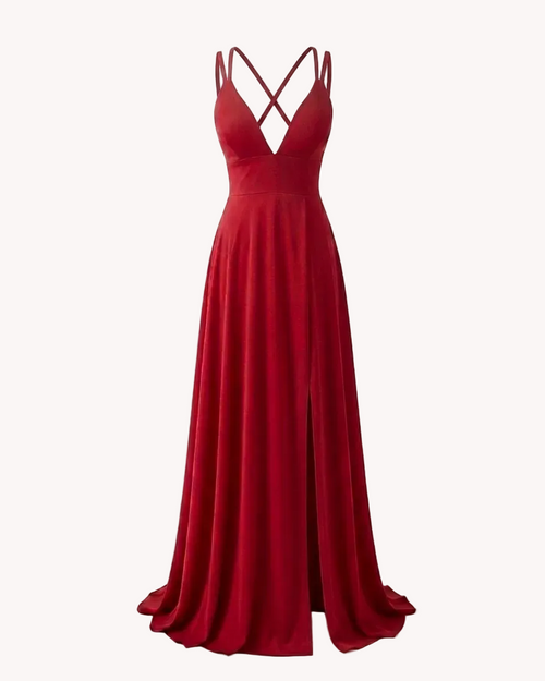 Vestido largo rojo de la marca Atelier Yvicor con espalda cruzada y diseño elegante para ocasiones especiales.