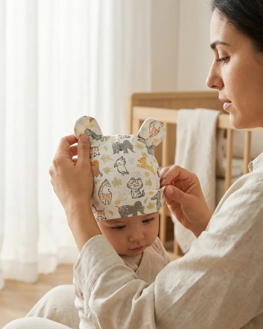 Gorrito reversible para bebé con orejas, estampado safari y marrón liso, de Yvicor Atelier de Costura (vista 5).