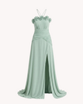 Vestido largo con flores en el pecho y falda de gasa Verde Agua