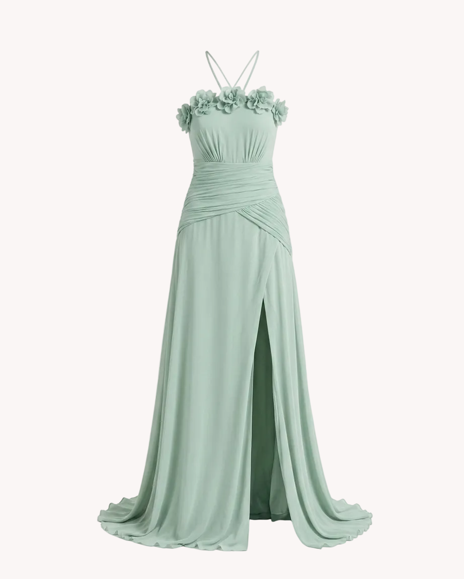 Vestido largo con flores en el pecho y falda de gasa Verde Agua