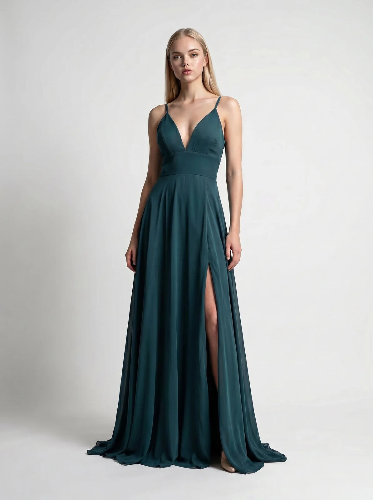 Vestido Largo de Satén Azul Petróleo – Espalda Corset
