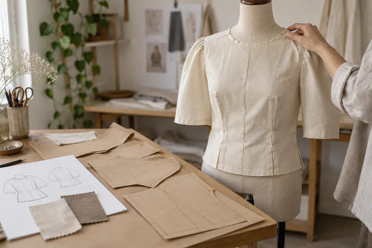 Mostra de brusa sobre un maniquí, amb patrons de paper i mostres de teixit a la taula.